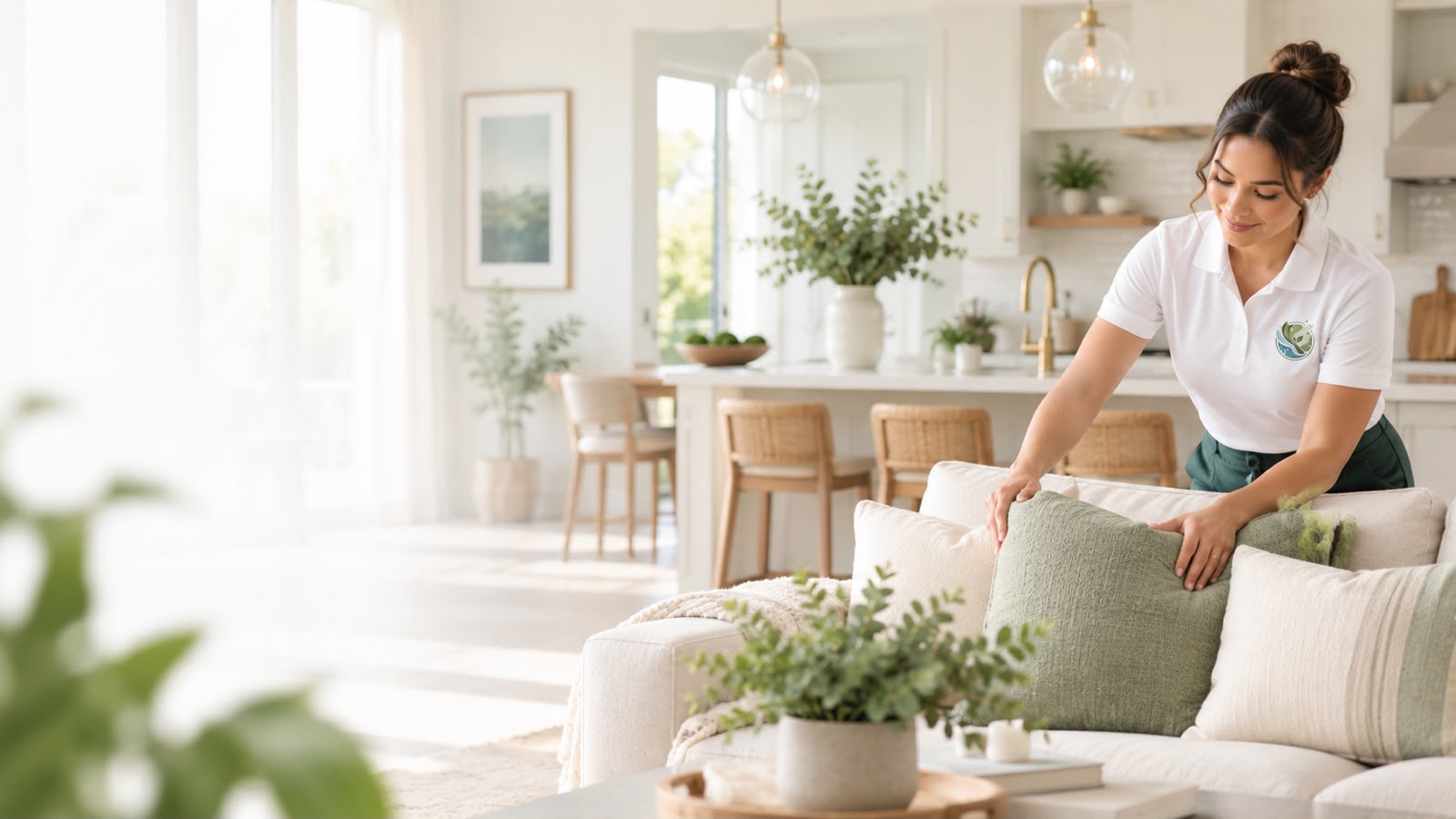 Comfort & Care cleaner tidying a living room sofa